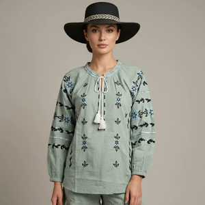 Vestido Mini de Algodón de Corte Recto con Mangas Largas y Cuello Redondo, Diseño Liso con Bordado y Dobladillo Liso, Ropa Casual de Fiesta para Mujer - Product Image 1