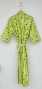 Women Cotton Heart Printed V-neck <b>Kimono</b> Robe Striped Long Sleeve Belted Knee Length Boho Summer <b>Beach</b> Resort Wear Hand Block - Product Image 4