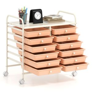 Carrello portaoggetti a 2 file, 10 ripiani e 12 cassetti, con cassetti multicolor e 4 ruote (2 con freno), telaio bianco e colore pesca - Product Image 1