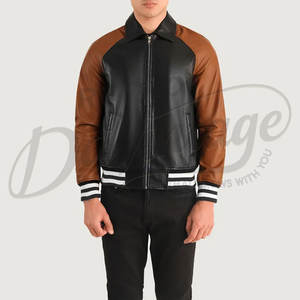 Blouson aviateur en cuir bicolore noir et marron pour homme avec col chemise classique et poignets côtelés rayés - Product Image 3