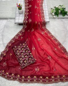AARA Fashion <b>Red</b> Embroidered Silk Saree <b>Blouse</b> for Wedding Women Traditional Indian Bridal Wear Floor Length Regular Fit Sun - Product Image 3