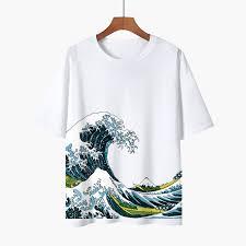 เสื้อยืดลายคลื่นญี่ปุ่นทรงโอเวอร์ไซส์สำหรับผู้ชาย สไตล์อุกิโยเอะ พิมพ์ลายคลื่นใหญ่ สีดำ ผ้าฝ้าย แขนสั้น เสื้อลำลองสำหรับฤดูร้อน - Product Image 3