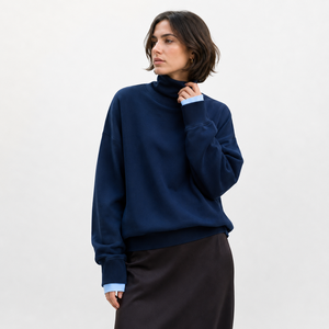 <b>Women's</b> <b>Navy</b> Blue Turtleneck Sweatshirt Full Sleeve Knitted Regular Fit Autumn Casual Wear Pullover Fleece - Product Image 1