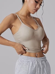 Ladies Low Cut Plunge Strappy Yoga <b>Bra</b> | Soft Breathable Running Crop Tank | Solid Color Non-Printed <b>Stretch</b> Gym Brassiere - Product Image 3