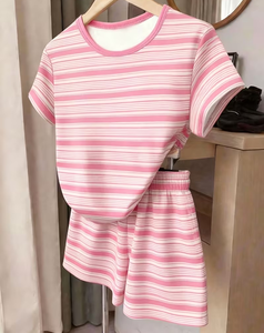 Girls Striped 2-Piece Set Breathable Short Sleeve Top with Matching Shorts Customizable Casual <b>Summer</b> Outfit - Product Image 2