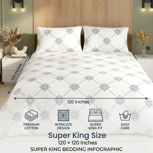 Super King Size 120x120* Pure Cotton | <b>Set</b> White Gold Printed <b>Bedding</b> <b>Set</b> with 2 Pillow Covers Soft Breathable Quality Bedsheet - Product Image 6