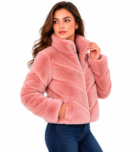 Blush Pink Faux Fur Puffer <b>Jacket</b> <b>Women</b> Winter <b>Zip</b> <b>Up</b> Teddy Coat Soft Plush Warm Outerwear Casual Short Length - Product Image 2