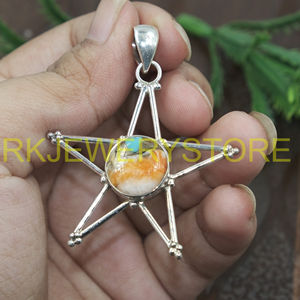 Colgante de estrella de plata de ley 925 con turquesa de ostra espinosa naranja, joyería hecha a mano, collar estilo bohemio occidental, regalo para mujer - Product Image 4