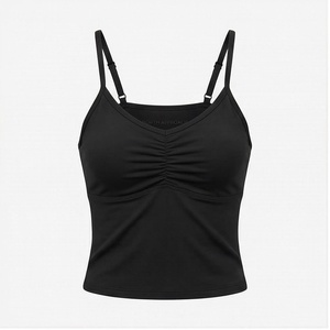 Débardeur à bretelles spaghetti col en V froncé noir uni anti-transpiration pour le yoga – Vêtements de sport pour femme - Product Image 1