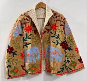 Wholesale Handmade <b>Velvet</b> Elephant Embroidered <b>Jacket</b> <b>Women</b> Boho Winter Short Coat Ethnic Casual Striped Lining Outerwear - Product Image 1