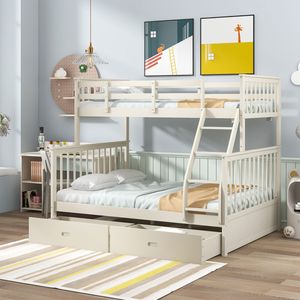 Letto a castello matrimoniale in legno color crema con cassetti contenitore, scaletta e sponde di sicurezza - Product Image 1