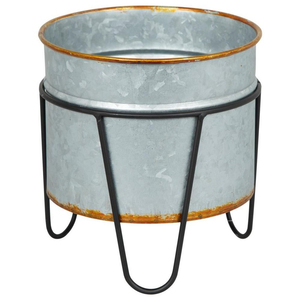 Vente en gros de jardinières rondes en métal galvanisé avec support en fer noir, style farmhouse, pour l'intérieur et l'extérieur, décoration florale pour la maison - Product Image 1