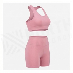 North Approach 2 Piece Yoga Set Racerback <b>Crop</b> <b>Top</b> High Waist Shorts Solid <b>Pink</b> Breathable Seamless Sportswear - Product Image 3