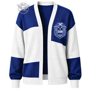 Cárdigan de punto casual bordado de manga larga con cuello en V y bloques de color azul y blanco para mujer, diseño personalizado Zeta. - Product Image 1