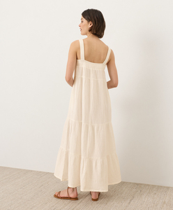 Women Cotton <b>Elastic</b> Smocked Straps Tiered Maxi <b>Dress</b> Loose Fit Casual Summer Style Open Back With Pockets Tiered Maxi <b>Dress</b> - Product Image 3