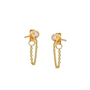 Boucles d'oreilles pendantes en or massif 14 carats avec diamants sertis et chaîne, vente en gros directe d'usine, fourniture de bijoux fins minimalistes personnalisés - Product Image 2
