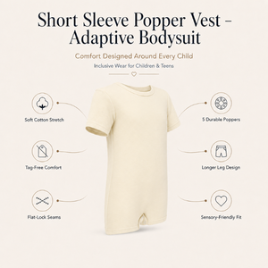 Body de Tirantes con Cierre en Color Marfil Claro |   Ropa Sensorial Especial para Niños, Prendas Inclusivas de Manga Corta, Algodón Elástico, Adaptable y Suave - Product Image 5