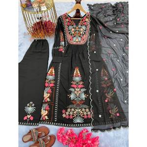 Mujer Hermosa Top Plazzo Dupatta Set con Bordado Pesado Trabajo Aarohi Diseñador Púrpura Tamaño S - Product Image 3