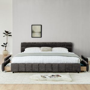 <b>King</b> <b>Size</b> Chenille Fabric Upholstered <b>Bed</b> <b>with</b> Solid Headboard and <b>Drawer</b> Comfortable <b>Bed</b> <b>Frame</b> - Product Image 5