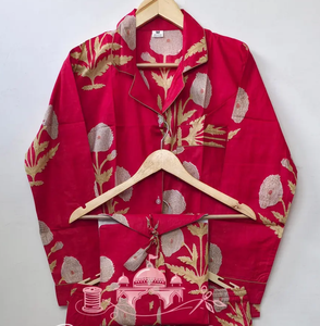 Premium Cotton Red Block Printed Pajama Set for Women Summer Autumn Spring Breathable Quick-Dry Elegant Luxury Full-Sleeve - Product Image 1