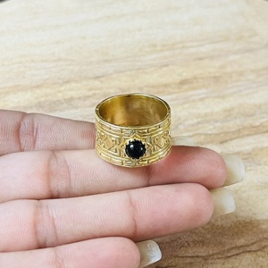 Premium <b>Silver</b> Eye Geometric Design Black Onyx <b>Ring</b> Gold Plated Vintage Style Wide Band Statement Tribal Look Certified <b>Ring</b> - Product Image 2