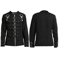 Veste chemise noire style punk pour homme avec fermeture éclair et décorations chaînes, col montant, manches longues, motif uni