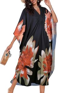 Floral Print Chiffon <b>Kaftan</b> Dress V-Neck Loose Maxi <b>Summer</b> Casual Wear Cap Sleeve Breathable Straight Hem - Product Image 6