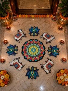 Kamdhenu Cow Lotus Pichwai Rangoli 14 Inch Round Mandala Cutout Diwali <b>Mandir</b> <b>Pooja</b> Room Decor Mdf Festive Floor Accent Mat Set - Product Image 4