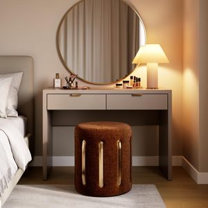 Velvet Round Golden Multiple Strip <b>Ottoman</b> Office <b>Stool</b> Foot Rest <b>Stool</b> Linen Fabric Padded Seat Pouf <b>Ottoman</b> with Round Shape - Product Image 2