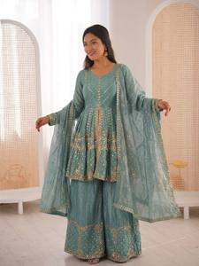 Designer Peplum <b>Kurta</b> Sharara Set with Dupatta | Heavy Embroidery Ethnic Wear Suit for Women | Festive Wedding Party Outfit - Product Image 2