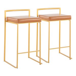 Sgabello da bancone contemporaneo Fuji di Fuji Gold con cuscino in ecopelle color cammello, set di 2 sgabelli da bar impilabili - Product Image 1