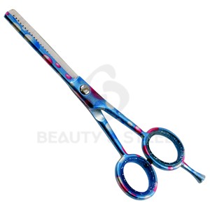 Ciseaux professionnels bleus à pois pour la retouche des cheveux, avec 27 dents de précision pour un estompage et une texturisation impeccables - Product Image 1