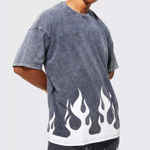 Men's Washed Cotton Short Sleeve T-<b>Shirt</b> <b>Flame</b> Print Casual Street Style Summer <b>Shirt</b> Gray - Product Image 5