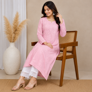 Light Pink Hand Embroidered Lucknowi Chikankari Straight Kurti Simple Elegant Cotton Ethnic Tunic Top for <b>Women</b> - Product Image 4