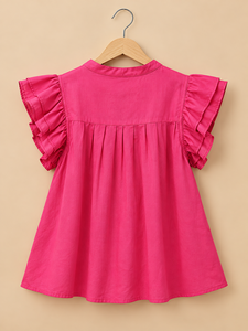 Chemise bohème rose pour femmes avec manches à volants, col en V, coupe ample, en coton, pour le printemps et l'été, vêtements décontractés - Product Image 2