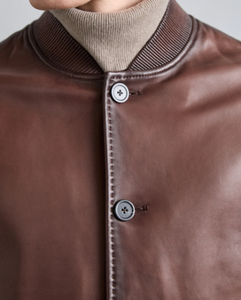 Men's <b>Brown</b> Genuine <b>Leather</b> Bomber <b>Jacket</b> Turn-down Collar Zipper Closure Regular Fit Autumn Wear - Product Image 5