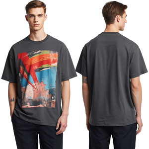 เสื้อยืดโอเวอร์ไซส์ทรงหลวมสำหรับผู้ชาย พรีเมียม พร้อมลายพิมพ์ศิลปะนามธรรมสีเทา และเนื้อผ้าฝ้ายหนานุ่ม - Product Image 1