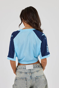 <b>Top</b> Selling Custom Logo Light Blue Varsity T-Shirt With Navy Sleeve Panelling Midweight <b>Mesh</b> Fabric V-Neck T Shirts For <b>Women</b> - Product Image 2