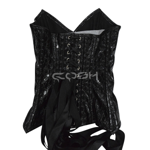 Corsé de vinilo brillante de PVC negro con textura de cocodrilo, corsé gótico con cuello en V y cintura ceñida para mujer - Product Image 2