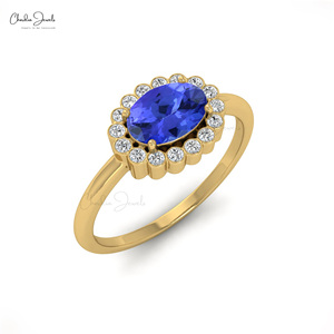 Asian Manufacturer IGI Certified 1mm Diamond Halo <b>Ring</b> With 7X5MM Oval Cut Tanzanite Gemstone In 14K Solid Gold Wedding Jewelry - Product Image 3