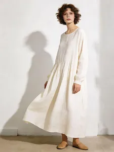 Women Vintage <b>Boho</b> Plain Maxi <b>Dress</b> <b>Long</b> Sleeve Loose Fit Cotton Linen Plain O-Neck Summer Beach <b>Dress</b> - Product Image 1
