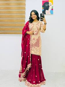 Conjunto de Salwar Kameez Tradicional de Seda Bordada, Ropa Étnica para Mujer, para Fiestas, Graduaciones, Bodas, Festivales, Kurta, Palazzo, Dupatta - Product Image 4