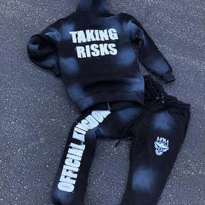 Conjunto de chándal de alta calidad con bordado desgastado, chándal acampanado personalizado 100% algodón, conjunto de jogging estilo streetwear apilado para hombre - Product Image 4