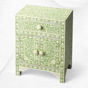 Decorative Bone Inlay Bedside <b>Table</b> Wooden <b>Side</b> Cabinet With Functional <b>Drawer</b> And Unique Artistic Pattern - Product Image 2