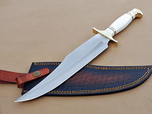 Couteau Bowie à lame fixe en acier inoxydable sur mesure, couteau de chasse d'extérieur, fourreau en cuir, manche blanc, pommeau doré - Product Image 2