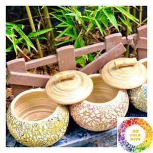 Pot rond en bambou avec incrustation de nacre pour bijoux, accessoires, souvenirs, petits objets et rangement décoratif pour la maison - Product Image 6