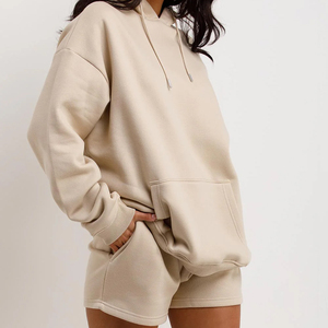 Ensemble de survêtement à capuche pour femme, couleur unie, coupe décontractée, manches longues, en coton, avec short, pour le printemps - Product Image 6