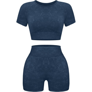 Two Piece Yoga Set Crew Neck Crop <b>Top</b> High Waist Shorts Solid Color Seamless Spandex Polyester <b>Sweat</b> Wicking Breathable - Product Image 1