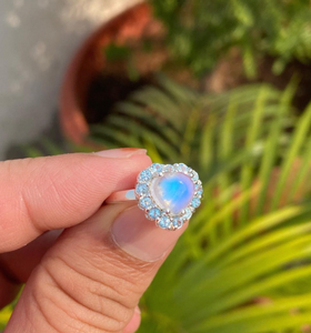 Heart Moonstone <b>Ring</b> Sterling Silver Blue Topaz Halo Gemstone Romantic Jewelry Women Gift Statement Design - Product Image 2