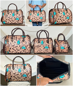 2026 OEM ODM Hand <b>Tooled</b> Genuine <b>Leather</b> Floral Large Speedy Duffel Bags Designer Trendy & Premium Business Trip Shoulder Bag - Product Image 3